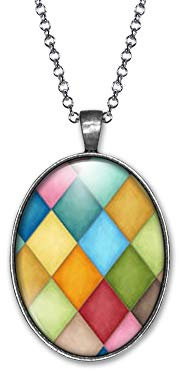 Collier, sautoir argenté fantaisie, cabochon illustré en verre, parure « l'arlequin », motifs, losanges, formes géométriques, multicolore, argenté (ref.5a)