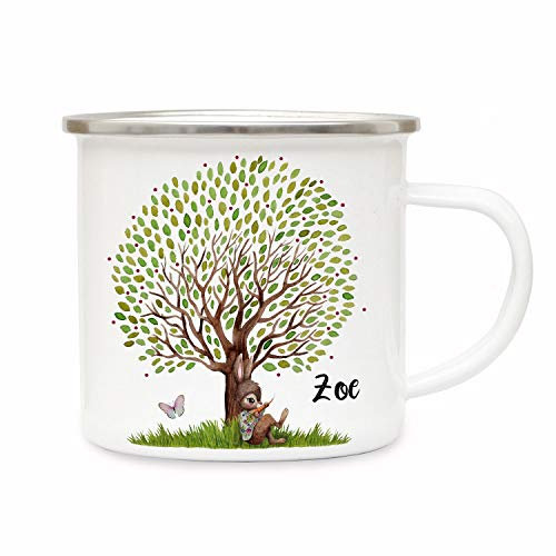 ilka parey wandtattoo-welt Emaillebecher Becher Tasse Camping Hase Häschen unterm großen Baum & Wunschname Name Kaffeetasse Geschenk eb364