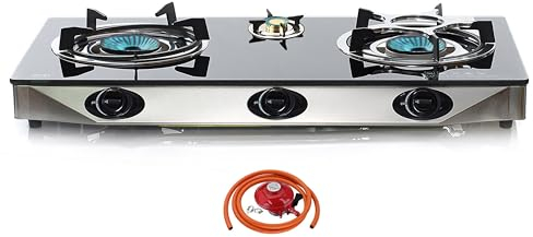 NJ NGB-S3 Indoor Gas Stove 3 burners Cooker Black Glass Hob LPG 7.8kW Regulator Set (Propane Gas 27mm Clip-on)