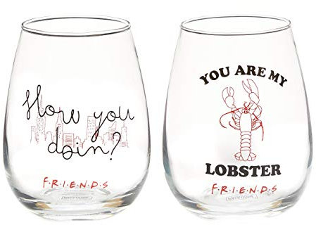 Paladone Friends Set of 2 Glasses, Stemless Wine Glasses - You are My Lobster, How You Doin, 150 milliliters