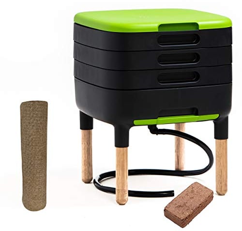 TinyWorm Design & Compact I Lombricomposteur 3 Plateaux I Kit Complet I Tiroir Coulissant I Pieds Bois Massif
