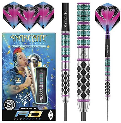 RED DRAGON Peter Wright Snakebite Supa-Venom 21 Gramm Premium Tungsten Darts Set mit Flights und Stielen