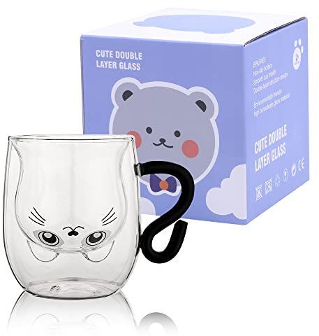 SHENDONG Tasses à café en verre avec poignée en forme de chat mignon - Double paroi isolée - Cadeau pour un anniversaire, la Saint-Valentin et le bureau (chat blanc)