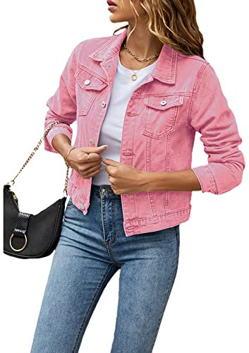Women's Solid Color Basic Button Denim Jacket with Pockets, Casual Denim Jacket Top (A-Pink, XL)