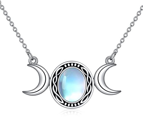 YFN Triple Moon Goddess Mondstein Halskette 925 Sterling Silber Keltische Anhänger Halskette Wiccan Schmuck für Damen Herren 18 (Silber- Dreifach-Mond-Halskette)