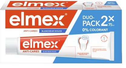 ELMEX - Dentifrice Elmex Anti-Caries Blancheur Douce 0 % Colorants - Caries - Dents Sensibles, Gencives Douloureuses, Protection de l'Email - 2 x 75 ml