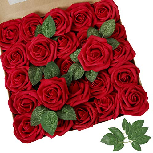AmyHomie Dark Red Rose 100pcs Real Looking Artificial Flowers w/Stem