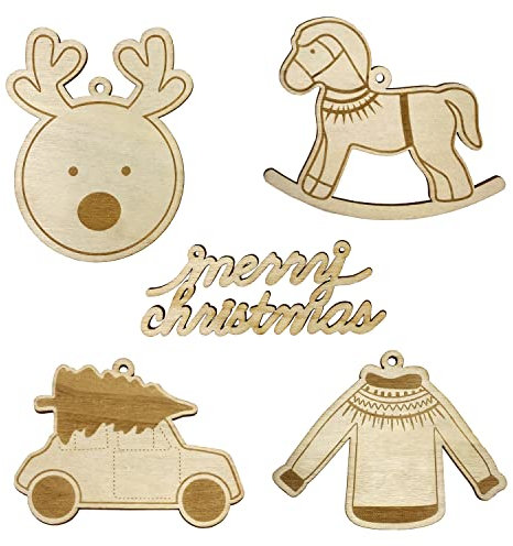 Oblique Unique® Holzanhänger 5 STK. Weihnachtsbaum Anhänger Merry Christmas Schaukelpferd Elch Auto Pullover Christbaumschmuck Holz Deko Weihnachten Weihnachtsdeko