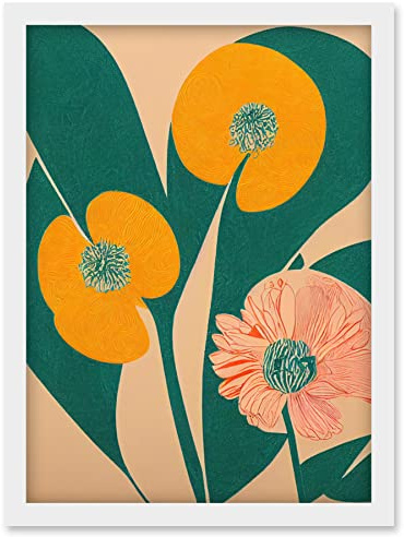 Wee Blue Coo California Poppy Flower Blooms Turquoise Leaves Bright Artwork Framed Wall Art Print A4
