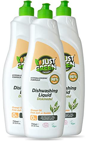 Just Green Organic Washing Up Liquid 750ml, Non-Toxic Formula, Vegan & Eco Friendly Dish Liquid, No Paraben, Hypoallergenic Dish Soap, Recyclable Bottle - Pack of 3