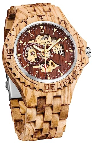 Dentily Herren Holz Mechanische Uhr Skelett Automatikwerk Holzuhr Arabische Zahlen Selbstaufzug Uhren für Männer, Hellbraun & Rot, Mechanisch, selbstaufziehend