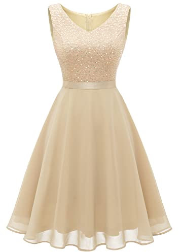 Dressystar Damen Elegant Paillettenkleid Kurz Ballkleid Cocktailkleid Hochzeit Party Brautjungfernkleid Ärmellos Champagner S