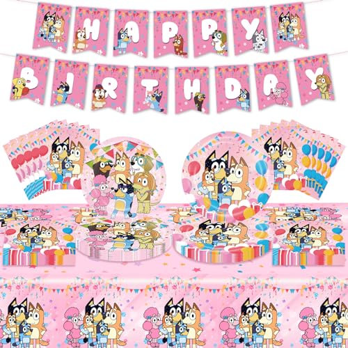 Sidesea Platos y Vasos para Cumpleaños,42PCS Blue-y Decoración Cumpleaños Mantel Cumpleaños Vajilla Cumpleaños Infantil Tira la Bandera Servilleta de Papel Rosa Decoracion Festa de Aniversário