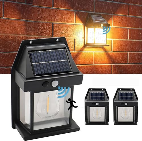 2 Stück Außenwandleuchte Vintage Solar Wolfram Wandleuchte mit Bewegungsmelder Außenleuchte IP65 Wasserdicht Wandlampe Retro Industrie Schwarz Außenlampe für Garage Gärten Balkon Zaun Hof Terrasse