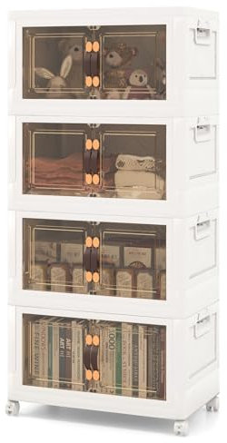 CASART 4-Pack 170L White+brown 5-Tier Plastic Storage Boxes with Lids, Magnetic Doors & Wheels, Stackable Storage Bins Collapsible Organizer for Bedroom, Living Room, Entryway