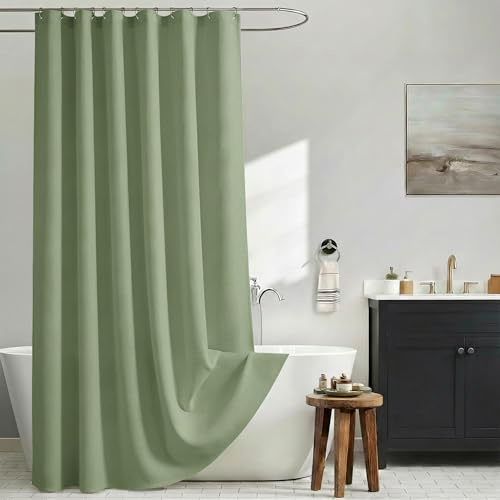 Awellife Rideau de douche extra long vert sauge de 213 cm de long en lin pour salle de bain en tissu naturel avec doublure en tissu de coton