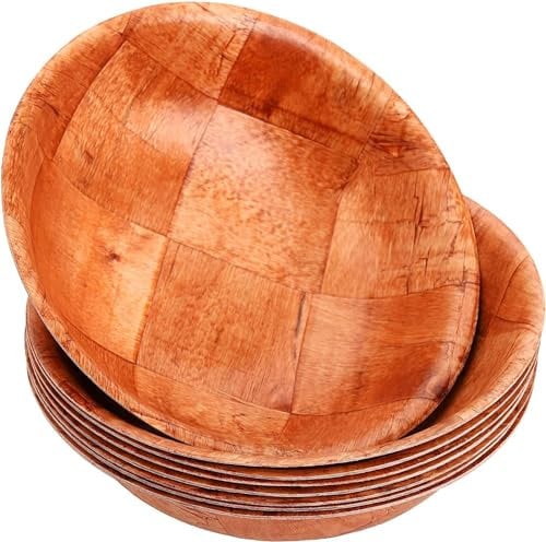 8 Pack Wooden Woven Salad Bowl, 8 Inch Stackable Hardwood Serving Bowls, Rustic Mixing Bowl for Salad, Snack, Fruit, Vegetables, Chips, or Candy - 8”x 2”, Natural Birch Woo