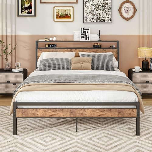 BORPHOM Metallbett aus Metall 150x200 Bettgestell mit Lattenrost,Bettrahmen Holz mit Stauraum Kopfteil,Für Erwachsene,Kinder,Jugendliche,Doppelbett 150x200 Bett,Vintage Braun+Schwarz