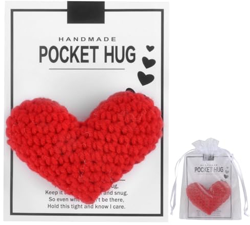 BRISKORE Pocket Hug Positive Geschenk, Trostspender Strickwolle Herz Puppe, Mutmacher Geschenk Beste Freundin Geschenke, Lustige Motivationsgeschenke für Freund Freundin Familie Freund Patient, Rot