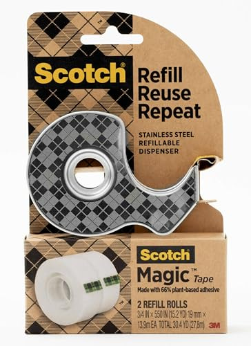 Scotch Stainless Steel Refillable Dispenser and 2 Rolls of Scotch Magic Tape with 66% Plant Based Adhesive, 0.75 in. x 550 in, Invisible Tape, Office Supplies and School Supplies
