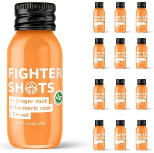 Fighter Shots Zenzero + Curcuma + Carota (12x60ml) | Bevanda allo zenzero fresco e piccante per il sostegno delle difese immunitarie | 100% naturale/nessuna sostanza nociva | Ricco di vitamina C