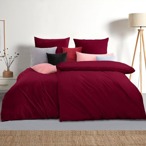 Soifox Bettwäsche 155x220 4teilig Rot - 2 Bettbezüge 155x220 + 2 Kissenbezüge 80x80 Weich und Bügelfrei Mikrofaser mit Reißverschluss (4 TLG. 155 x 220 cm, Rot)