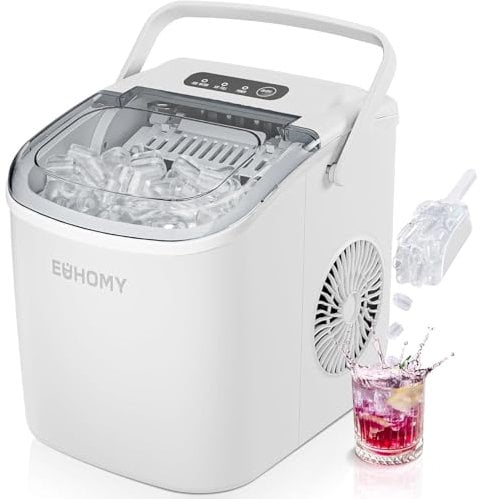 EUHOMY Gelatiera con maniglia, 11,8 kg in 24 ore, 9 cubetti di ghiaccio pronti in 6 minuti, pulizia automatica, gelatiera portatile con cestino e pala, per