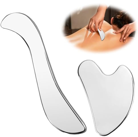 Roinaid 2 PCS Gua Sha Stein Gua Sha Edelstahl Gua Sha Körper Gua-Sha Gua Sha Metall mit 1 Aufbewahrungsgurt Geliefert Geeignet für Beine Rücken Gesicht Nacken Muskelentspannung und Schmerzlinderung.
