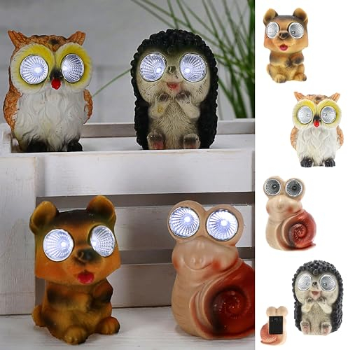 Cepewa Solar Gartenfiguren 4er Set | 6x9x5cm Polyresin Solarpanel Akku | Eule Igel Schnecke Hund mit Leuchtaugen