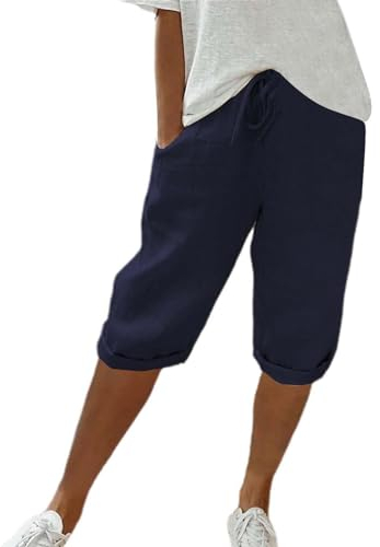 Damen Shorts SommerMusselin Kleid Jeans High Waist Einfarbig Knielang Kurze Hosen Leicht Und Luftig Leinenhose Gestreifte Hose Kurz