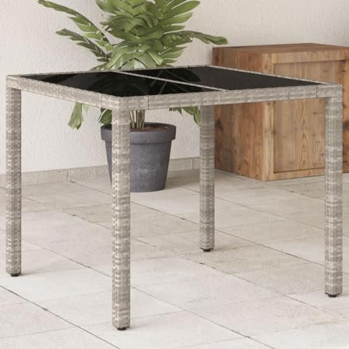 Tidyard Gartentisch Terrassentisch Balkontisch Esstisch Outdoor Bistrotisch Tisch Gartenmöbel Teetisch Holztisch Kaffeetisch Campingtisch mit Glasplatte Hellgrau 90x90x75 cm Poly Rattan