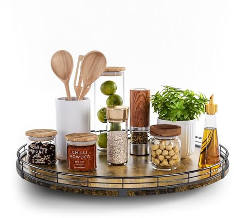 Lazy Susan Turntable Organizer for Table Top, 18’’ Round Wooden Lazy Susan for Cabinet Kitchen Countertop Pantry Dining Coffee Table for Condiments Spices, Rustic Bathroom Vanity Tray for Soap Candle