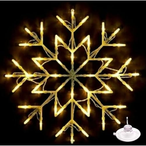 ADEPTNA Beautiful Super Bright Hanging 48 LED Snowflake Christmas Light with One Strong Suction Cup - Timer Function & Battery Operated - Indoor Silhouette Window Light Decoration (WARM WHITE)