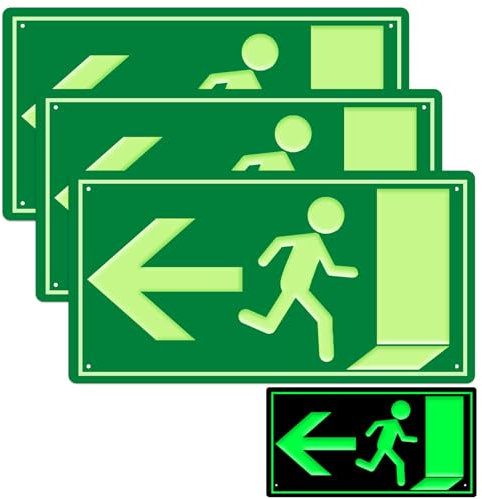 Lot de 3 panneaux de sortie de secours phosphorescents en aluminium avec flèche gauche, flèche de direction, 30 x 15 cm, pour panneau d'information, chemin de secours, sortie de secours, sortie de
