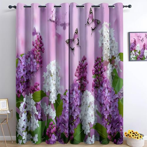 Rosa Vorhänge Fotografie Flieder Schmetterling Gardinen mit Ösen Vorhang Blickdicht Verdunklungsvorhänge Schiebevorhänge Schlafzimmer Wohnzimmer & Kinderzimmer Blackout Curtain 2er Set 166 x 75 cm