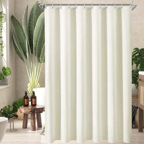 Lerores Duschvorhang 180x200 cm Waffel Beige, Beschwerter Saum Antischimmel Textil, Wasserabweisend, Waschbar Polyester Stoff Badevorhänge für Badezimmer, Badewanne mit 12 Duschvorhangringe