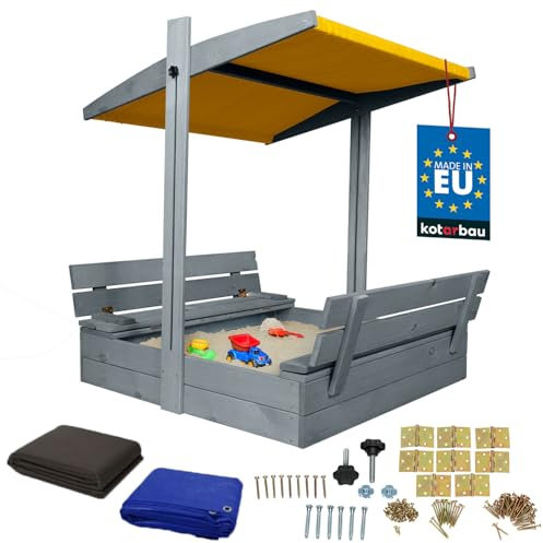 KOTARBAU® Sandkasten mit Abdeckung 100 x 100 cm Großer Grau Holzsandkasten mit Gelb Dach Sandkasten mit Deckel Sandkasten mit Dach Gartenspielzeug Kinder imprägniert verschließbar mit Bänken