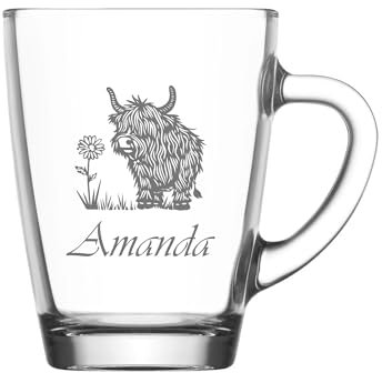 ukgiftstoreonline Personalised Glass Tea Cup with Highland Cow Design, Coffee Cup, Custom Engraved Gift
