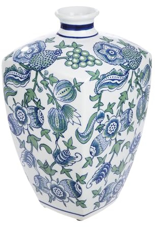 GILDE Vase Fayencen - Keramik - glasiert mit Blumenmuster - Höhe 31 cm x Ø 18 cm - blau-weiß - Dekovase