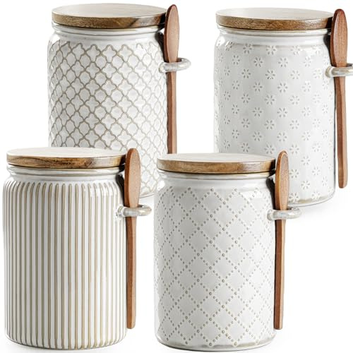 getstar Small Canisters Sets for the Kitchen, 18 oz Sugar Coffee Tea Storage Containers, Ceramic Kitchen Canisters for Countertop Set of 4 with Airtight Lids and Teaspoons