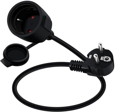 YINGAYOU Alargador Schuko Corto 90 Grados 16A 250V Short Schuko Extension Cord, 2 AC Enchufe IP44 para Uso Exterior o Interior Hogar, Oficina (Negro, 0.3 m)