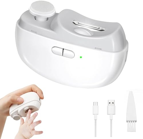 AURIVEE Coupe Ongle Électrique avec Lumière LED et Polisseur, 2-en-1 Autonome Portable, 2 Vitesses, Rechargeable, pour Bébé, Enfants, Adultes, Personnes Âgées (Blanc)