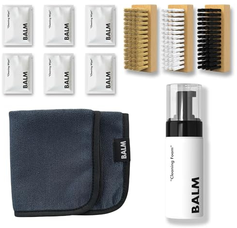 BALM Schuhputzsets – Premium Sneaker Reiniger & Schuhpflegeset für Leder, Textil, Suede, Nubuk etc – Sneaker Cleaner als Schaum, 3 Bürsten für Leder/Textil/Sohle, Mikrofasertuch, 6 Reinigungstücher