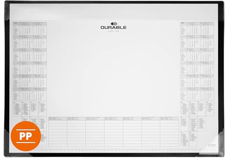Durable Kalender Schreibtischunterlage 600x430 mm, 25 Blatt, schwarz | Schreibunterlage aus PP mit Papier-Kalender für 2 Jahre, rutschfest, mit Feiertagsübersicht, 25 Blatt