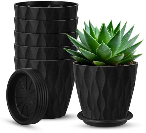 ITClosud 6er Blumentopf Set 12.6CM, Hochwertige Plastik-Blumentöpfe, Übertopf mit Untersetzer und Drainagelöchern, Für Innen und Balkongärten, Langlebig und Pflegeleicht, Schwarz