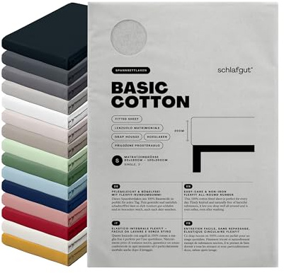 schlafgut Basic Cotton Spannbettlaken 90x200 cm 100% Baumwolle, Grey Light | Bettlaken, Spannbetttuch 100x200, 90x190 cm, Grau, Jersey, bis 22 cm Steg, Made in Green, atmungsaktiv