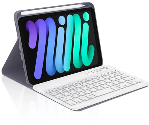 Occtingkind Cover con Tastiera Bluetooth per iPad Mini 7 e 6 Generazione, Senza Retroilluminazione, Custodia Protettiva 8.3 Pollici, Magnetica Rimovibile, Layout Italiano QWERTY, USB-C, Lavanda