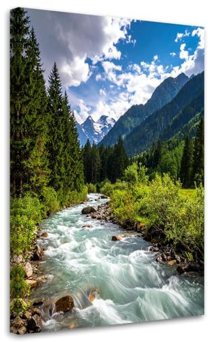 Feeby Wandbild - Wohnzimmer Modern Deko - Berglandschaft Bach Natur - 30x45 1tlg - Bilder Leinwand - Bild auf Leinwand Schlafzimmer - Leinwandbilder für die Wand - Canvas Painting - Fotokunst