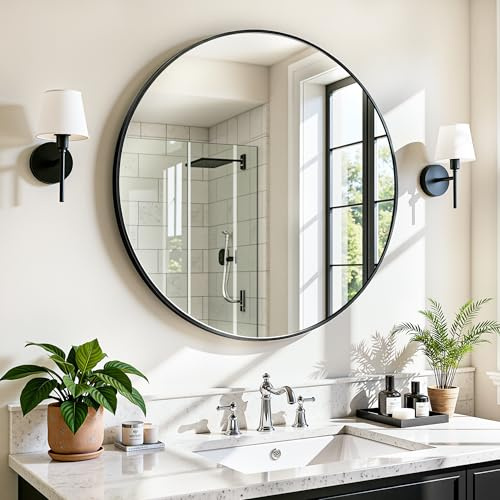 Antok Spiegel Rund, 41cm Schwarz Dekorative Wandspiegel für Bad, Eitelkeit, Wohnzimmer, Eingangsbereich, Runder Spiegel Hängend oder Lehnend, Aluminium Rahmen