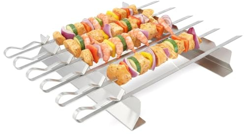 GEEZY 8-Piece Stainless Steel BBQ Skewer Rack Set - Adjustable 6-Notch Grill Stand & Six 42cm Flat Metal Skewers - Elevated BBQ Accessories for Grilling Adana Kebabs, Chicken, Fish & Shrimps